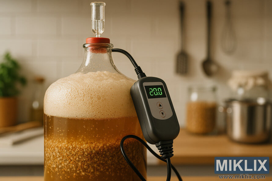 Close-up of a glass fermenter with frothy yeast head, temperature controller, and brewing tools in background