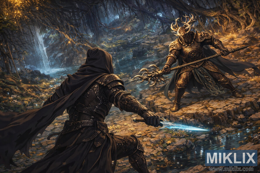 Fankunst i anime-stil, der viser Tarnished bagfra mod Crucible Knight Siluria i de glÃ¸dende huler i Deeproot Depths.