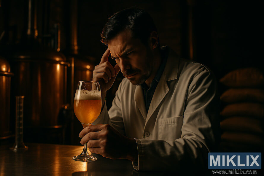 Technician in a lab coat studies a glass of fermenting beer in a dimly lit brewery, with copper vessels and malt sacks in the background under warm light.