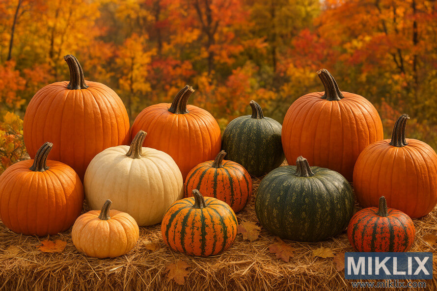 Assorted pumpkins of various sizes and colors arranged on straw with autumn foliage in the background