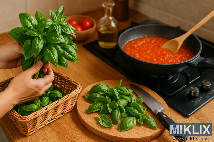 Mãos segurando manjericão recém-colhido em uma cozinha ao lado de uma tábua de corte, uma faca e molho de tomate fervendo. Mãos segurando manjericão recém-colhido em uma cozinha ao lado de uma tábua de corte, uma faca e molho de tomate fervendo.