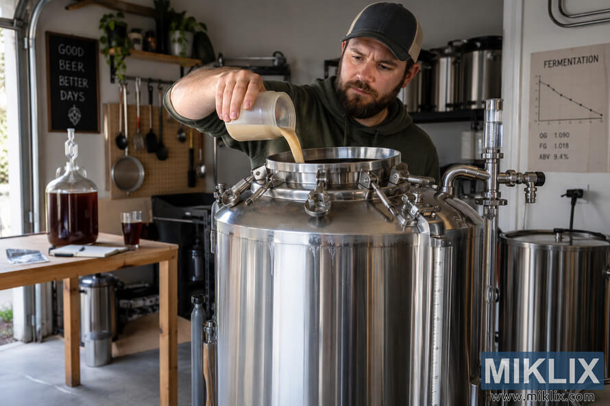 Homebrewer pours pale liquid yeast from a measuring container into an open stainless-steel fermentation vessel in a well-equipped garage brewery. Homebrewer pours pale liquid yeast from a measuring container into an open stainless-steel fermentation vessel in a well-equipped garage brewery.