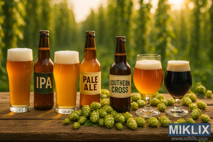 Jajaran bir IPA, Pale Ale, Southern Cross, dan Stout di atas meja kayu dengan hop segar, dengan latar belakang ladang hop yang disinari matahari.