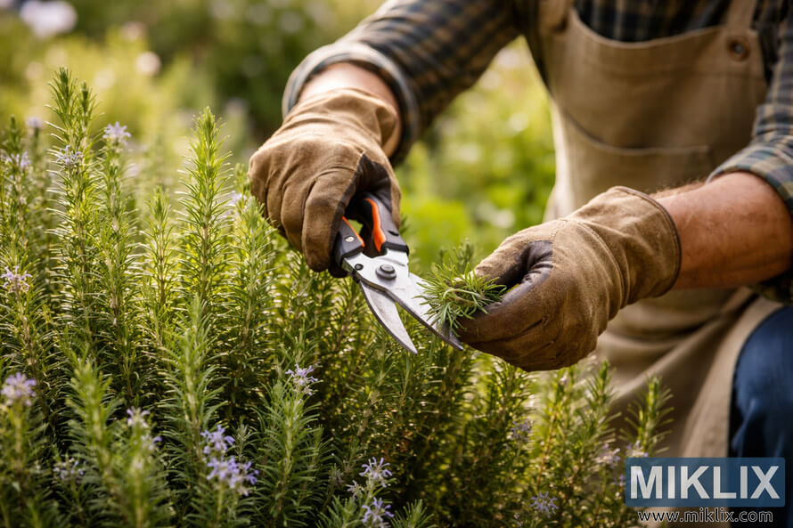 Close-up of a gardener wearing gloves trimming a rosemary plant with pruning shears in warm sunlight.
