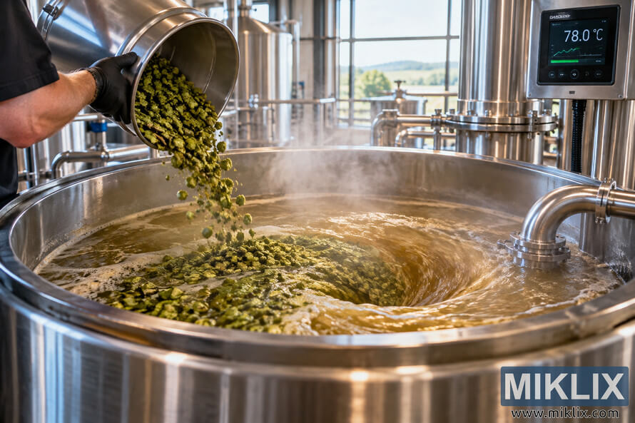 Brewer adding green hops to swirling golden wort in a stainless-steel whirlpool vessel while an unbranded digital control panel displays a temperature of 78.0 Â°C.