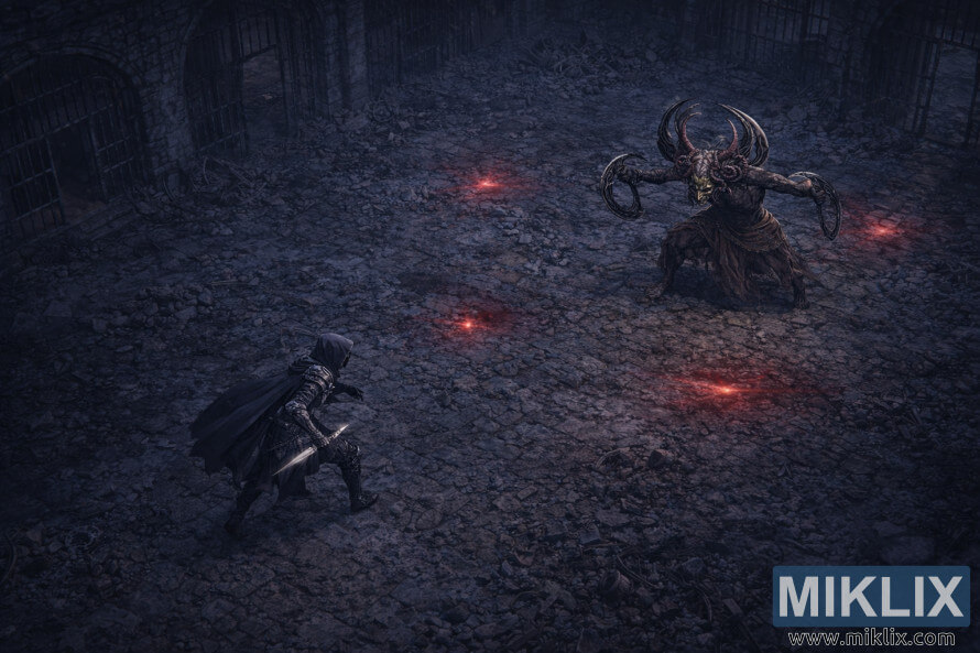 Isometric anime style view of the Tarnished in Black Knife armor facing Curseblade Labirith across the cracked stone floor of Bonny Gaol.