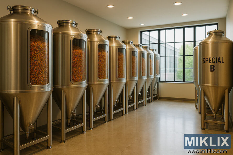 SkladiÅ¡Äni prostor s silosi iz nerjaveÄega jekla, napolnjenimi z jantarnimi zrni slada Special B. SkladiÅ¡Äni prostor s silosi iz nerjaveÄega jekla, napolnjenimi z jantarnimi zrni slada Special B.