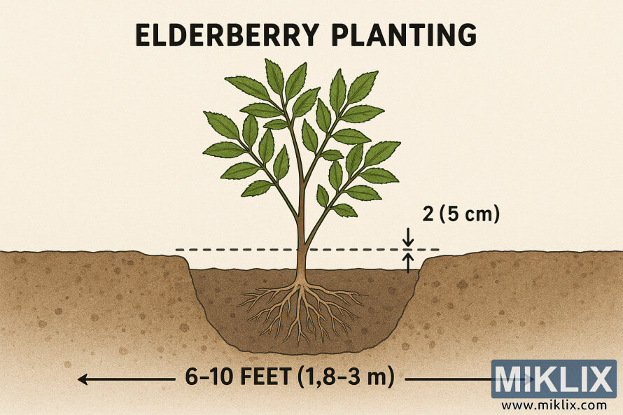 Diagram anu ngagambarkeun jero sareng jarak penanaman elderberry anu leres, nunjukkeun rungkun ngora kalayan ukuran anu dilabÃ©lan pikeun jero akar sareng jarak antara pepelakan.