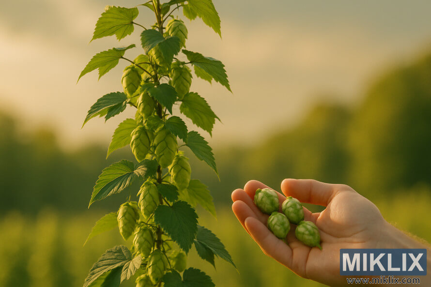 Hop bine se penje prema nebu sa zelenim Äunjevima koji sijaju na suncu, dok ruka drži sveže ubrane hmelje u prvom planu na zlatnoj zamagljenoj pozadini. Hop bine se penje prema nebu sa zelenim Äunjevima koji sijaju na suncu, dok ruka drži sveže ubrane hmelje u prvom planu na zlatnoj zamagljenoj pozadini.