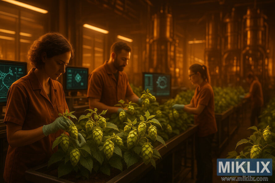 Willamette'i orus vÃµredel olevad humalakastide read, kus pÃµllumehed hoolitsevad taimede eest ja kuldses pÃ¤ikesevalguses kÃ¼nklikud mÃ¤ed.