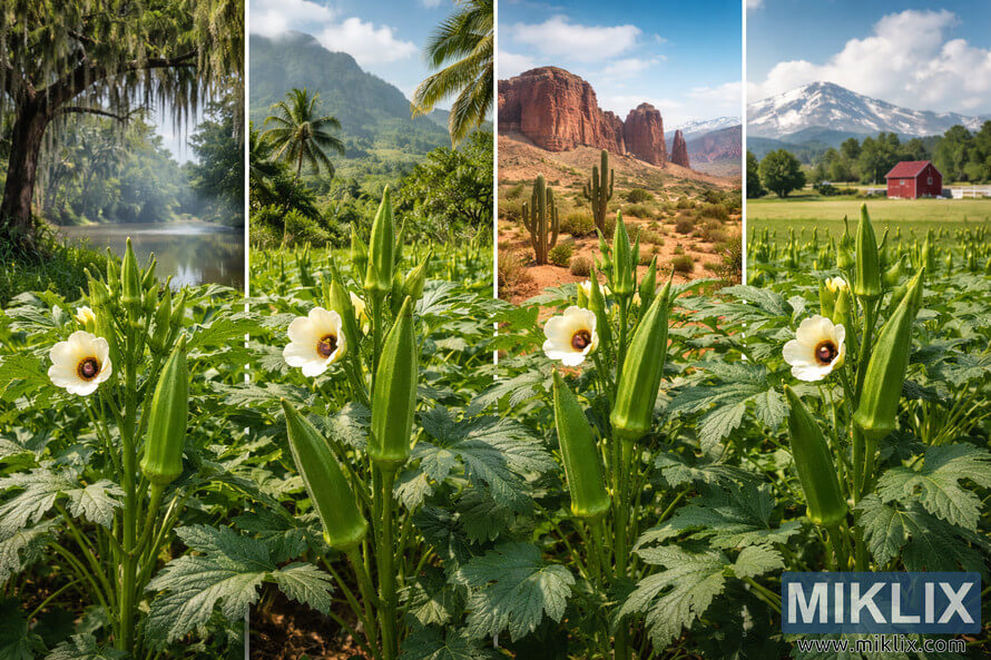 Landscape image showing okra plants growing in four different climates including swamp, tropical, desert, and temperate farmland.