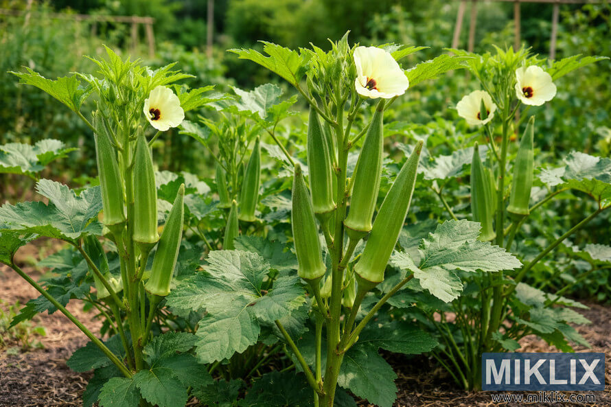 Tall mature okra plants with green pods and pale yellow flowers growing in a sunny home vegetable garden.