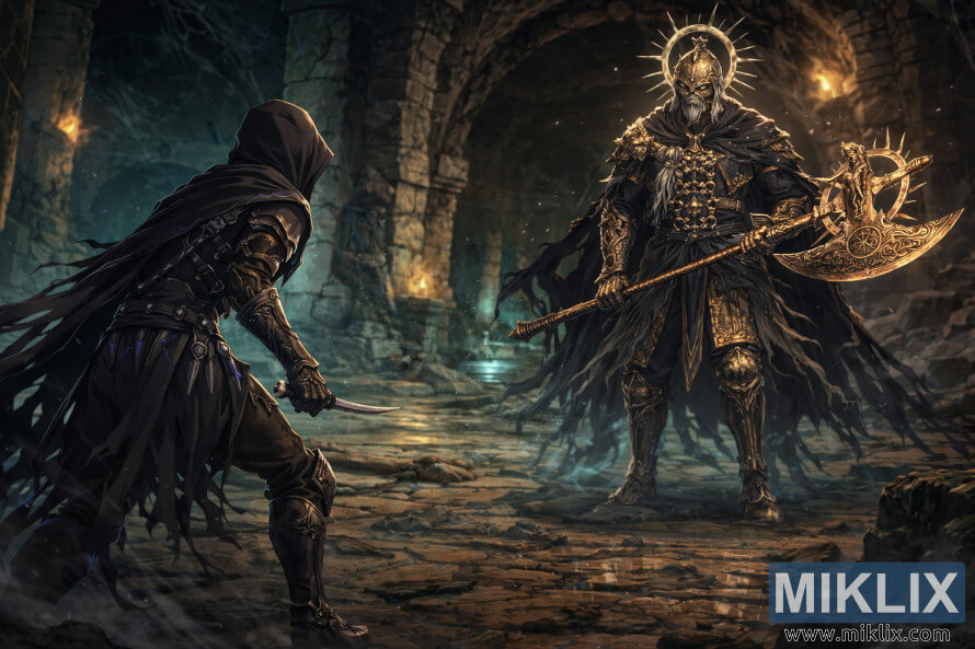 Anime style fan art of the Tarnished in Black Knife armor facing the Death Knight with a golden axe in a dark Elden Ring catacomb just before battle.