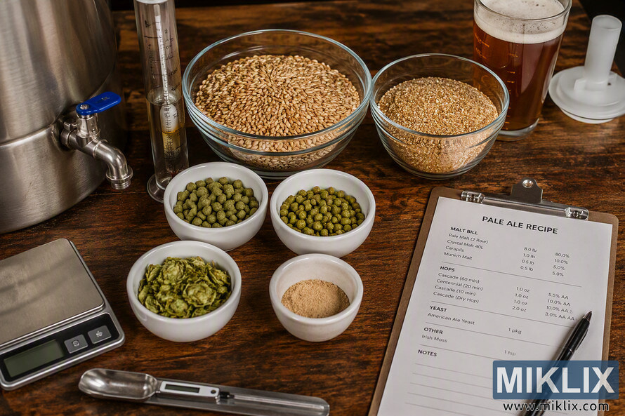 Landscape photograph of pale ale brewing ingredients and equipment arranged on a wooden brewing table, including malted grain, crushed grain, hop pellets, whole hop cones, brewing yeast, a stainless steel kettle, measuring tools, a digital scale, a hydrometer, a recipe sheet, and a glass of amber-colored beer.