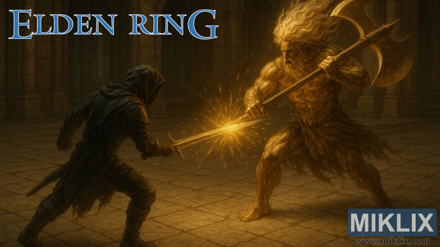 Fan art of the Tarnished in Black Knife armor fighting Godfrey, First Elden Lord, in Leyndell