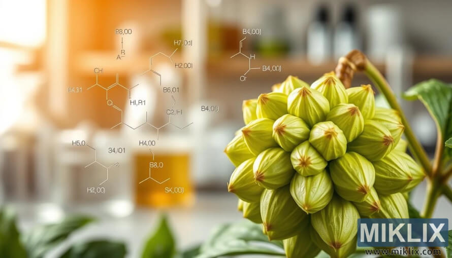 3D hop cone with lupulin structures alongside chemical diagrams of alpha acids, beta acids, and terpenes in lab setting.