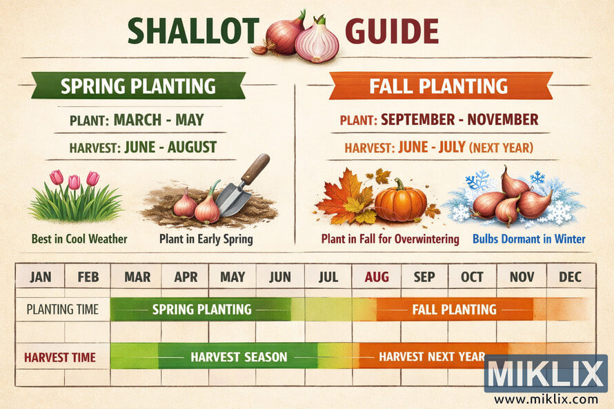 Infographic calendar titled "Shallot Guide" showing spring planting from March to May with harvest June to August, and fall planting from September to November with harvest in June to July the next year, illustrated with shallots, garden tools, flowers, autumn leaves, snowflakes, and a month-by-month timeline.