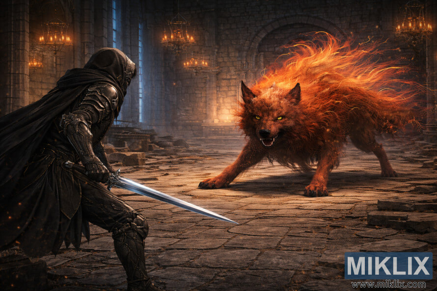 Åuvres dâart de fantasy sombre montrant le Sans-Ã©clat de dos maniant une Ã©pÃ©e tout en affrontant un immense Loup Rouge de Radagon Ã  lâintÃ©rieur des ruines de lâAcadÃ©mie Raya Lucaria.