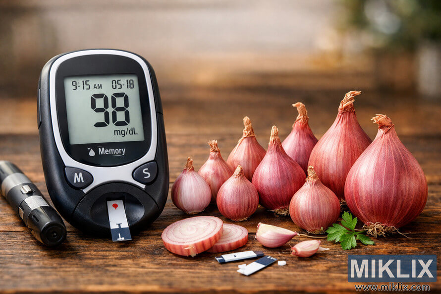 A detailed photograph showing a blood glucose meter beside several shallots on a wooden surface, symbolizing blood sugar level management.