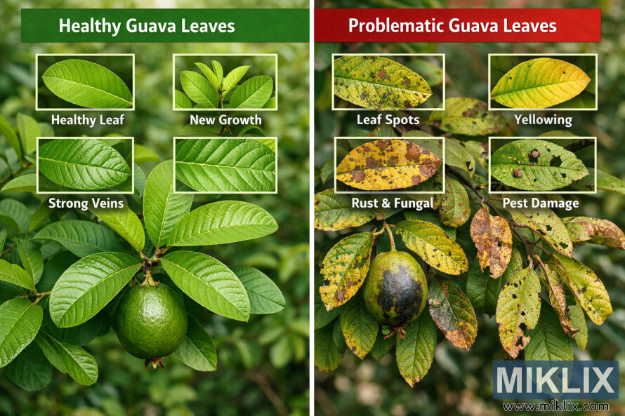 SrovnÃ¡nÃ­ zdravÃ½ch listÅ¯ guavy a listÅ¯ guavy napadenÃ½ch Å¾loutnutÃ­m, skvrnitostÃ­, houbovÃ½mi chorobami a poÅ¡kozenÃ­m Å¡kÅ¯dci.