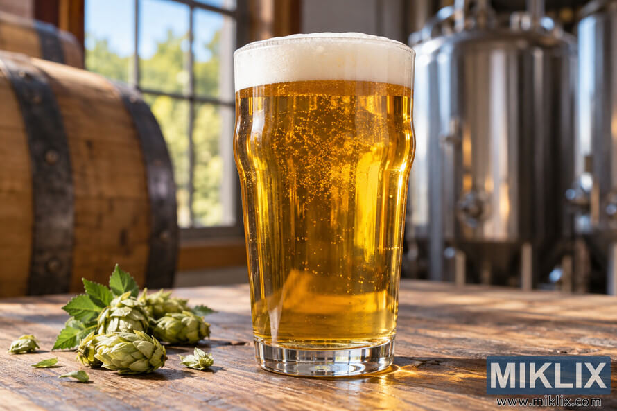 Clear golden single-hop pale ale in a pint glass with a creamy white foam head and visible carbonation, photographed on a rustic wooden brewery table beside fresh green hops, with a wooden cask, sunlit window, and stainless-steel brewing tanks softly blurred in the background. Clear golden single-hop pale ale in a pint glass with a creamy white foam head and visible carbonation, photographed on a rustic wooden brewery table beside fresh green hops, with a wooden cask, sunlit window, and stainless-steel brewing tanks softly blurred in the background.