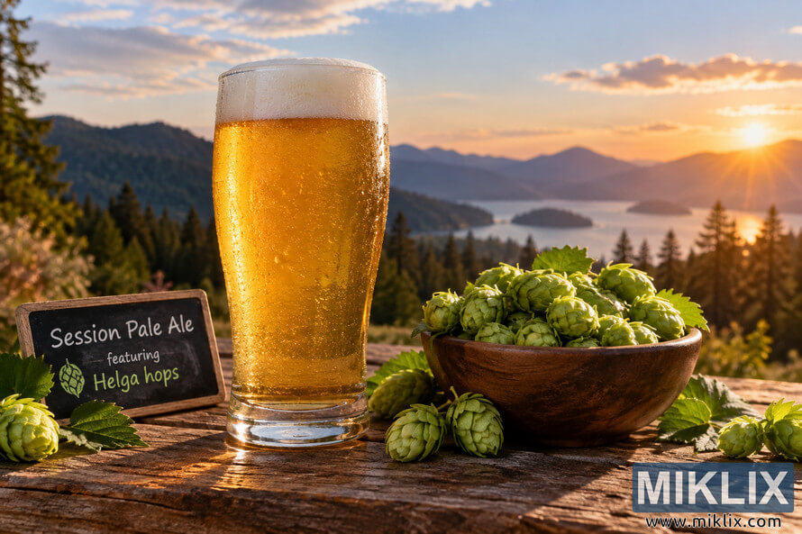 Photorealistic golden session pale ale with fresh Helga hops on a rustic wooden table overlooking a mountain lake at sunset. Photorealistic golden session pale ale with fresh Helga hops on a rustic wooden table overlooking a mountain lake at sunset.