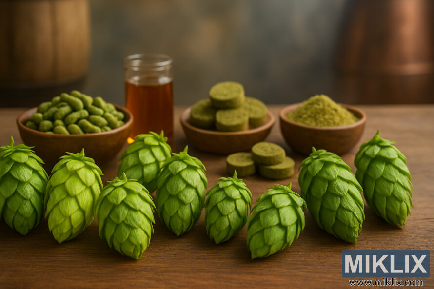 Puidust laual, Ãµrnalt Ã¤hmase Ãµllepruulimise tausta taustal, valik rohelisi humalakÃ¤bisid koos humalagraanulite, -korkide, -pulbri ja ekstrakti purgiga.