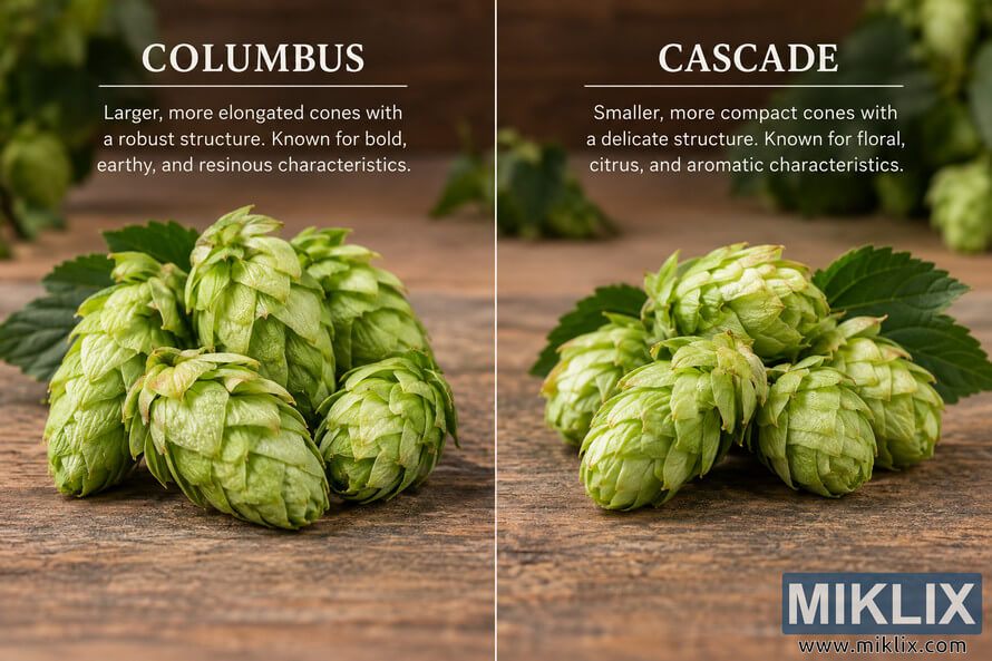 Side-by-side comparison of fresh green Columbus and Cascade hop cones on a rustic wooden surface, with elongated Columbus cones on the left and more compact Cascade cones on the right. Side-by-side comparison of fresh green Columbus and Cascade hop cones on a rustic wooden surface, with elongated Columbus cones on the left and more compact Cascade cones on the right.