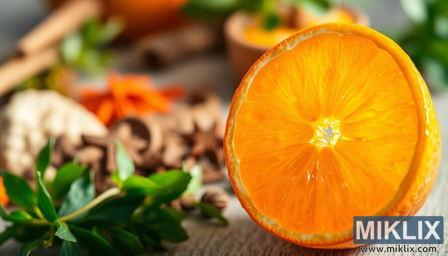 Primer plano de una naranja cortada con gajos jugosos que brillan bajo una luz cÃ¡lida.