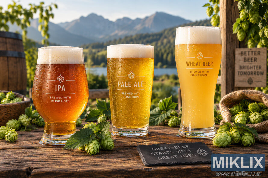 Three chilled beers brewed with Blisk hops—an amber IPA, golden pale ale, and hazy wheat beer—stand on a rustic wooden table surrounded by fresh green hop cones, with a sunlit lake and mountain landscape in the background. Three chilled beers brewed with Blisk hops—an amber IPA, golden pale ale, and hazy wheat beer—stand on a rustic wooden table surrounded by fresh green hop cones, with a sunlit lake and mountain landscape in the background.