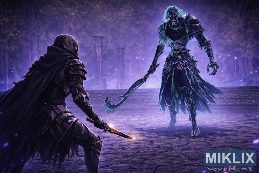 Anime style fan art showing the Tarnished in Black Knife armor viewed from behind confronting a towering Ancient Hero of Zamor in a glowing Evergaol arena.