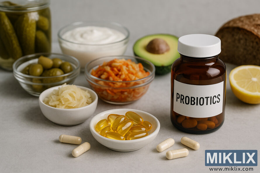 Probiotic capsules and softgels with sauerkraut, kimchi, yogurt, olives, pickles, avocado, lemon, and bread.