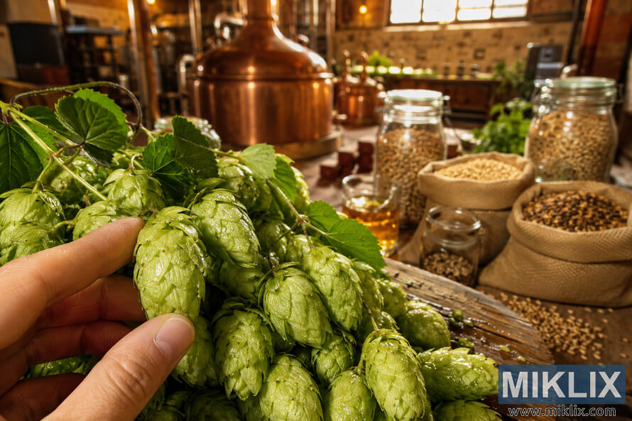 Close-up landscape image of fresh Canterbury Whitebine hops covered in morning dew, gently touched by a hand in the foreground, with copper brewing kettles, glass jars, burlap sacks of malt, and a warmly lit rustic brewery softly blurred in the background.