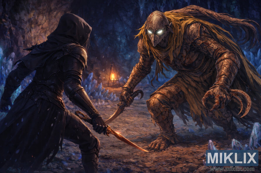 Cena de fantasia em estilo anime mostrando o Tarnished com armadura Black Knife encarando o Cavaleiro Bloodhound em uma caverna repleta de cristais, momentos antes do inÃ­cio do combate.