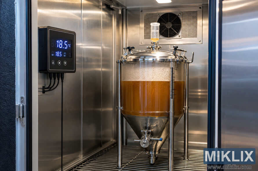 Photorealistic stainless-steel fermentation chamber with a conical fermenter containing amber ale, a clear airlock, ventilation fan, valves, and a digital temperature controller displaying 18.5Â°C.