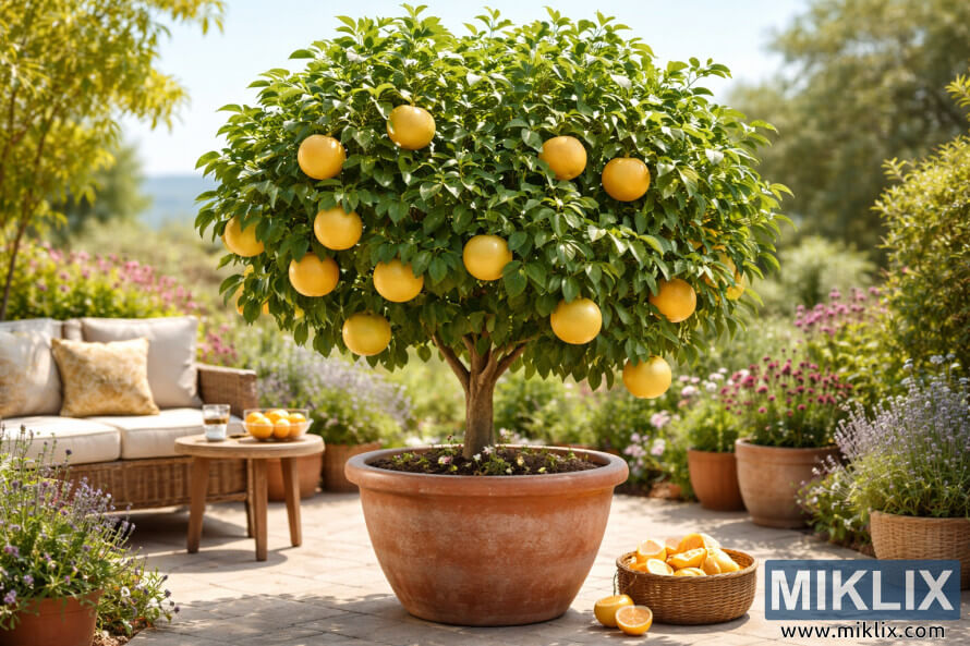 'n Gesonde pomeloboom met ryp geel vrugte wat groei in 'n groot terracotta-pot op 'n helder patio omring deur buitemeubels en potplante. 'n Gesonde pomeloboom met ryp geel vrugte wat groei in 'n groot terracotta-pot op 'n helder patio omring deur buitemeubels en potplante.