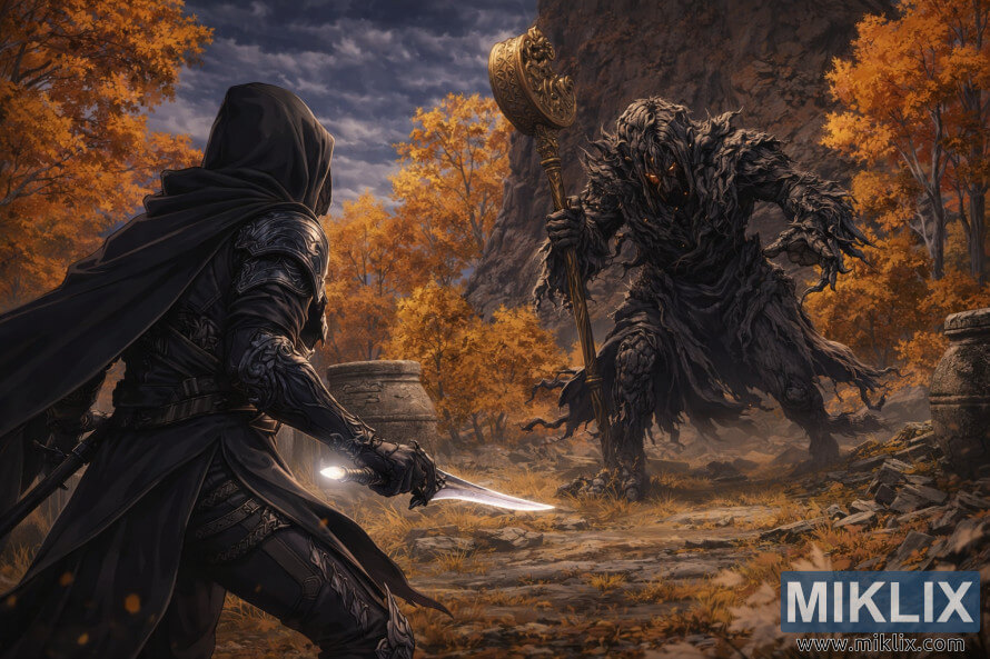 Anime-stiilis fÃ¤nnikunst mustas noasÃ¼Ã¼tud raudrÃ¼Ã¼st, mis seisab silmitsi Erdtree avatariga Liurnias sÃ¼gisestes varemetes, hetki enne lahingu algust.