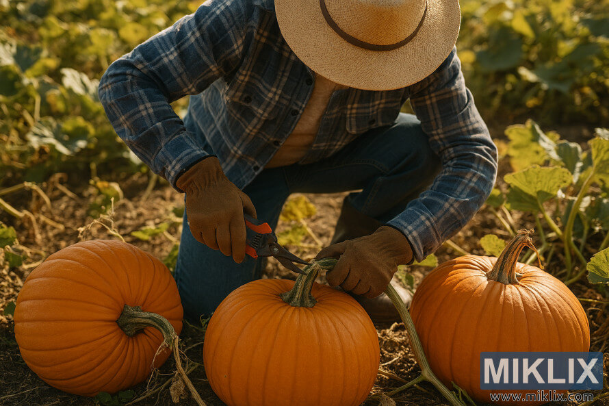 Gardener kneeling in a pumpkin patch, cutting stems with pruning shears during harvest