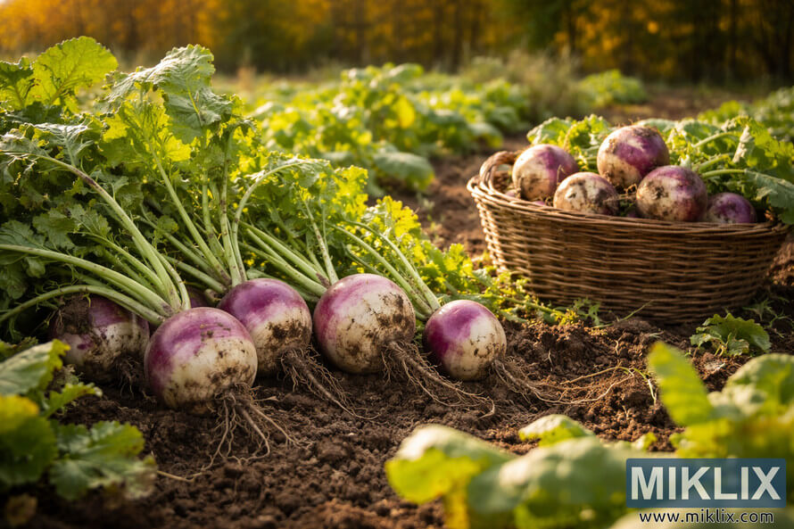 Freshly harvested purple and white turnips with leafy greens resting in garden soil beside a wicker basket filled with turnips during a warm autumn afternoon.