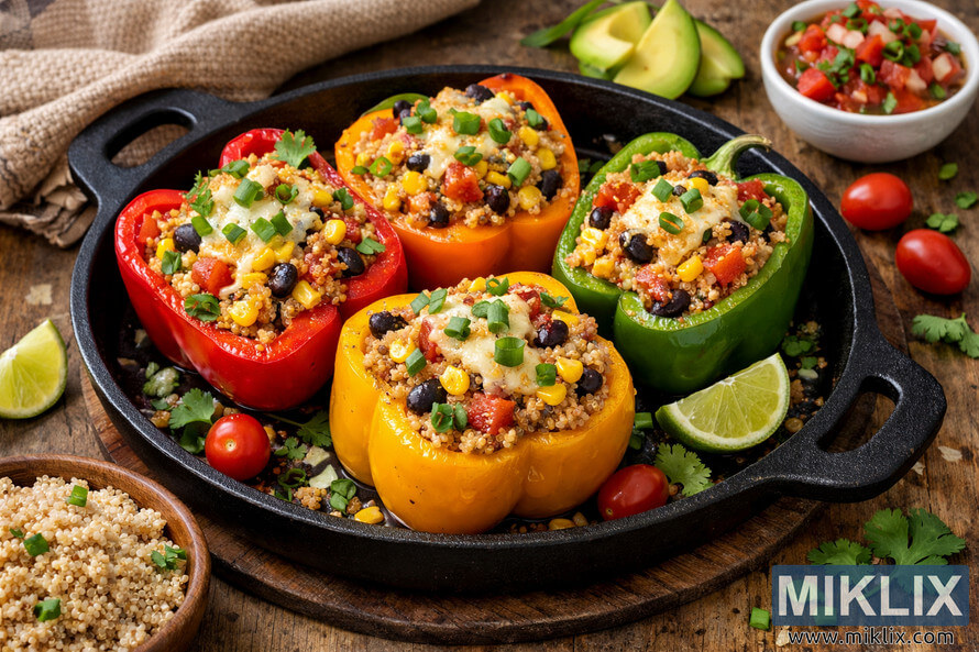 High-resolution photo of colorful quinoa and corn stuffed bell peppers arranged in a black cast iron skillet on a rustic wooden table, surrounded by bowls of quinoa and corn, lime wedges, avocado slices, salsa, cherry tomatoes, cilantro sprigs, a beige cloth napkin, and a wooden spoon, showcasing a vibrant vegetarian meal. High-resolution photo of colorful quinoa and corn stuffed bell peppers arranged in a black cast iron skillet on a rustic wooden table, surrounded by bowls of quinoa and corn, lime wedges, avocado slices, salsa, cherry tomatoes, cilantro sprigs, a beige cloth napkin, and a wooden spoon, showcasing a vibrant vegetarian meal.