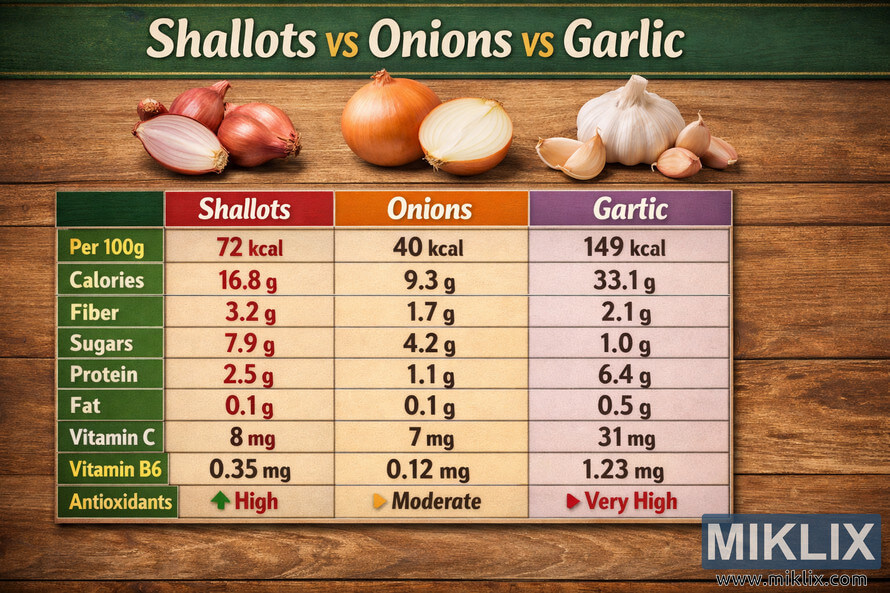 Infographic showing a side-by-side nutritional comparison chart of shallots, onions, and garlic, with photos of each vegetable above columns labeled Shallots, Onions, and Garlic, and detailed nutrient values per 100 grams listed below.