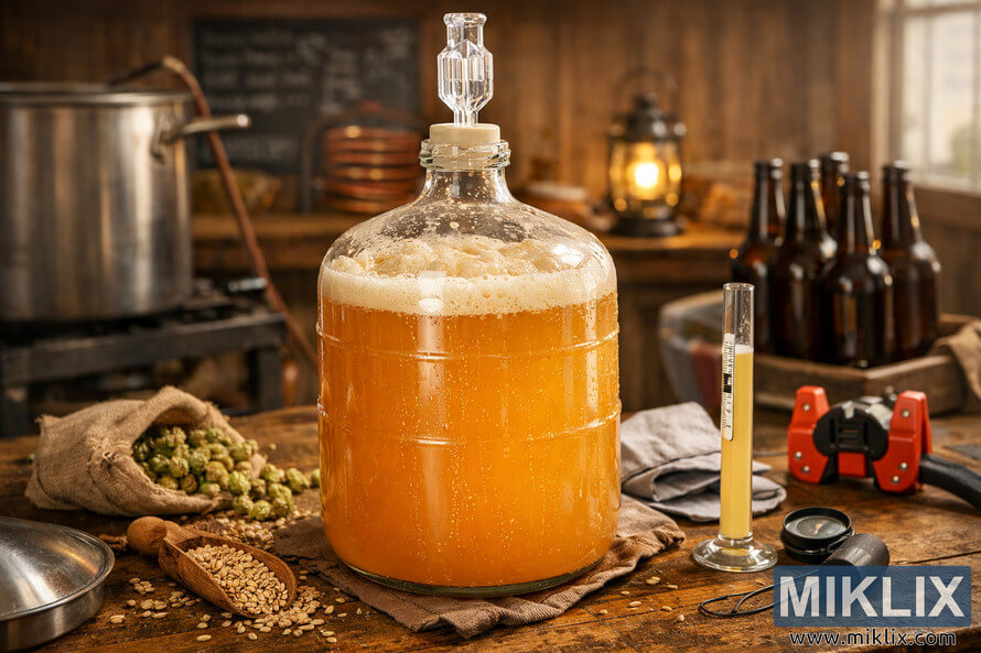 A glass carboy filled with hazy golden ale fermenting on a rustic wooden table surrounded by homebrewing equipment and ingredients. A glass carboy filled with hazy golden ale fermenting on a rustic wooden table surrounded by homebrewing equipment and ingredients.