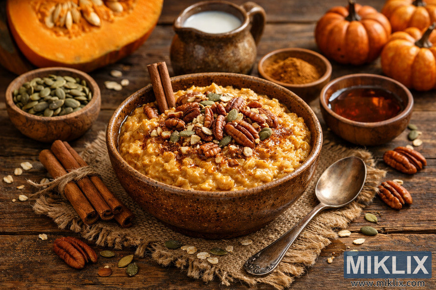 A warm bowl of pumpkin oatmeal topped with pecans, pumpkin seeds, and cinnamon, placed on a rustic wooden table surrounded by autumn ingredients like a halved pumpkin, milk jug, and spices.