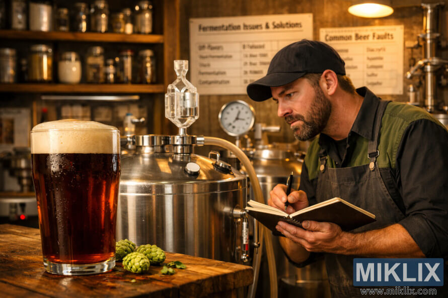 Egy profi sörfÅzÅ jegyzetel, miközben egy erjesztÅtartályt vizsgál egy pohár sötét borostyánszÃnű sör mellett egy melegen megvilágÃtott sörfÅzdében Egy profi sörfÅzÅ jegyzetel, miközben egy erjesztÅtartályt vizsgál egy pohár sötét borostyánszÃnű sör mellett egy melegen megvilágÃtott sörfÅzdében