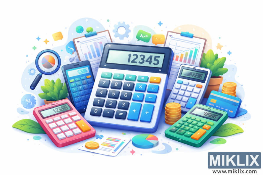 Colorful modern illustration showing multiple calculators surrounded by charts, graphs, coins, and analysis icons on a light background.