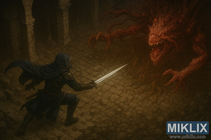 Imagem de fantasia sombria do personagem com a armadura de Faca Negra, Maculada, enfrentando o EspÃ­rito da Ãrvore PÃºtrida em Elden Ring.