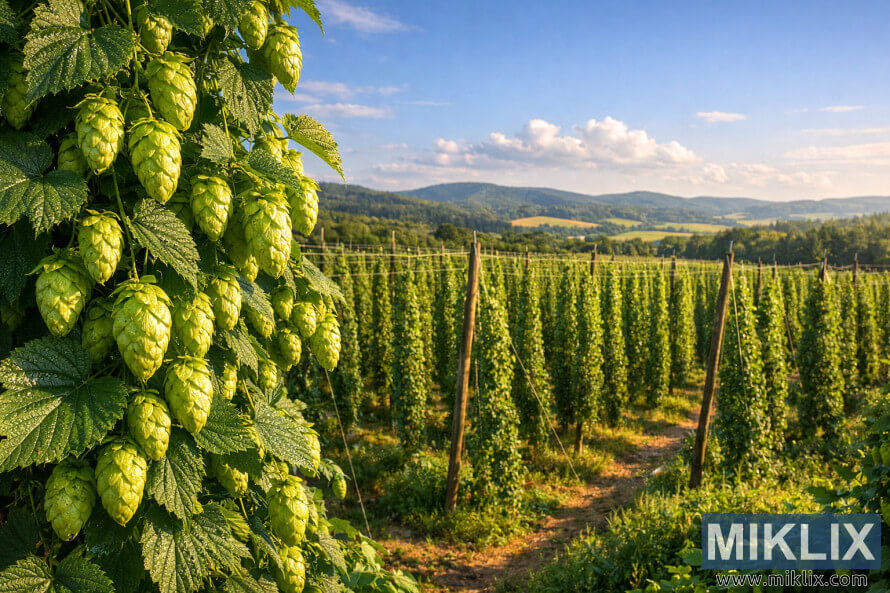 Lush hop farm with cascading green Hersbrucker hops on trellises, rolling hills, and a clear blue sky in warm sunlight. Lush hop farm with cascading green Hersbrucker hops on trellises, rolling hills, and a clear blue sky in warm sunlight.