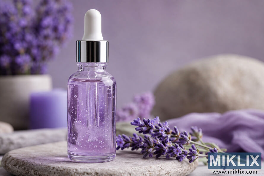 Luxury lavender anti-aging face serum in a clear glass dropper bottle displayed on a natural stone surface with fresh lavender flowers, soft candlelight, and a calming pastel purple spa background. Luxury lavender anti-aging face serum in a clear glass dropper bottle displayed on a natural stone surface with fresh lavender flowers, soft candlelight, and a calming pastel purple spa background.