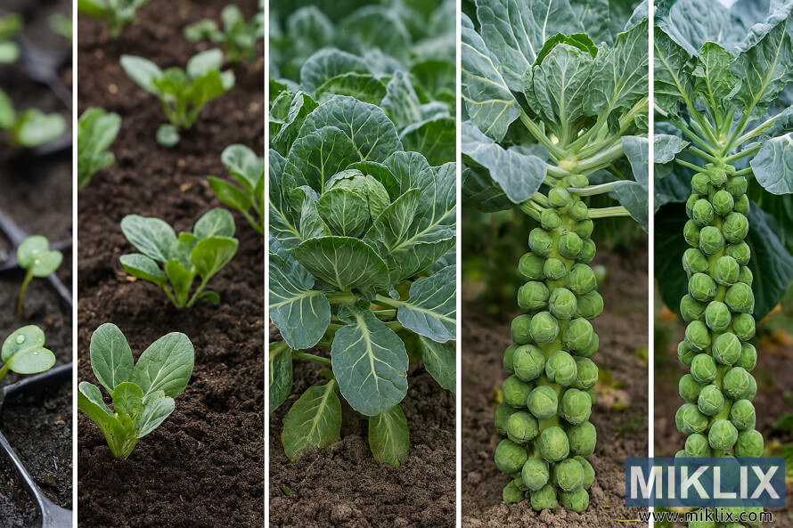 Collage wat Brusselse spruite wys wat van saailinge tot volwasse plante groei