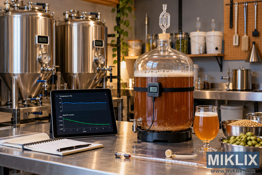 Homebrewing workspace with a glass fermenter, airlock and digital temperature sensor, monitoring graphs on a tablet, stainless-steel brewing tanks, grain and hops. Homebrewing workspace with a glass fermenter, airlock and digital temperature sensor, monitoring graphs on a tablet, stainless-steel brewing tanks, grain and hops.